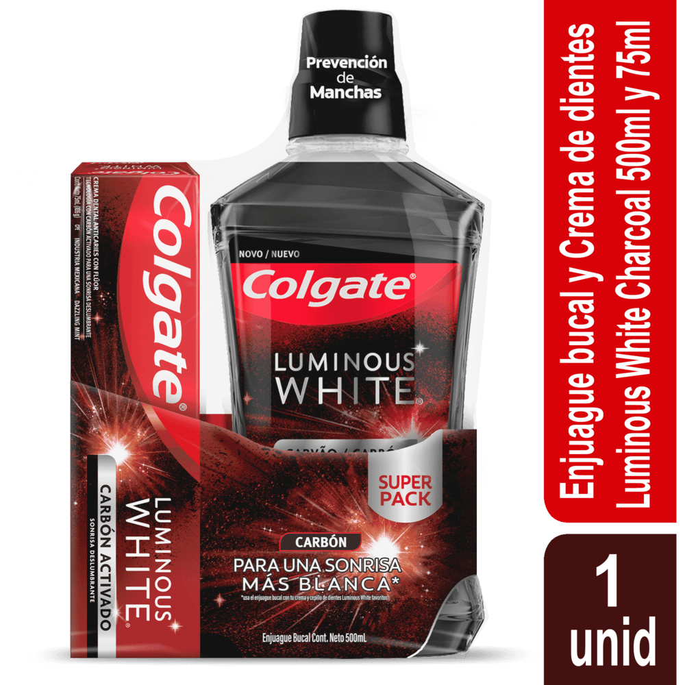Enjuague Bucal Colgate Luminous White Carbon X 500 Ml + Crema Luminous White Carbon X 75 G