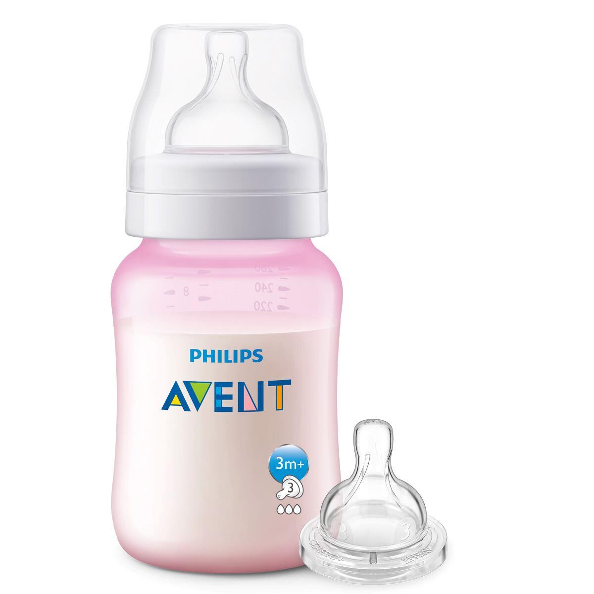 Tetero Avent Anti Colico Rosado X 9 Oz + Tetina Flujo Medio 3m+