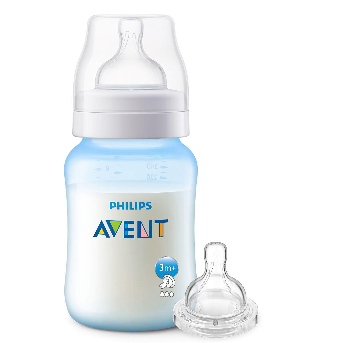 Tetero Avent Anti Colico Azul X 9 Oz + Tetina Flujo Medio 3m+