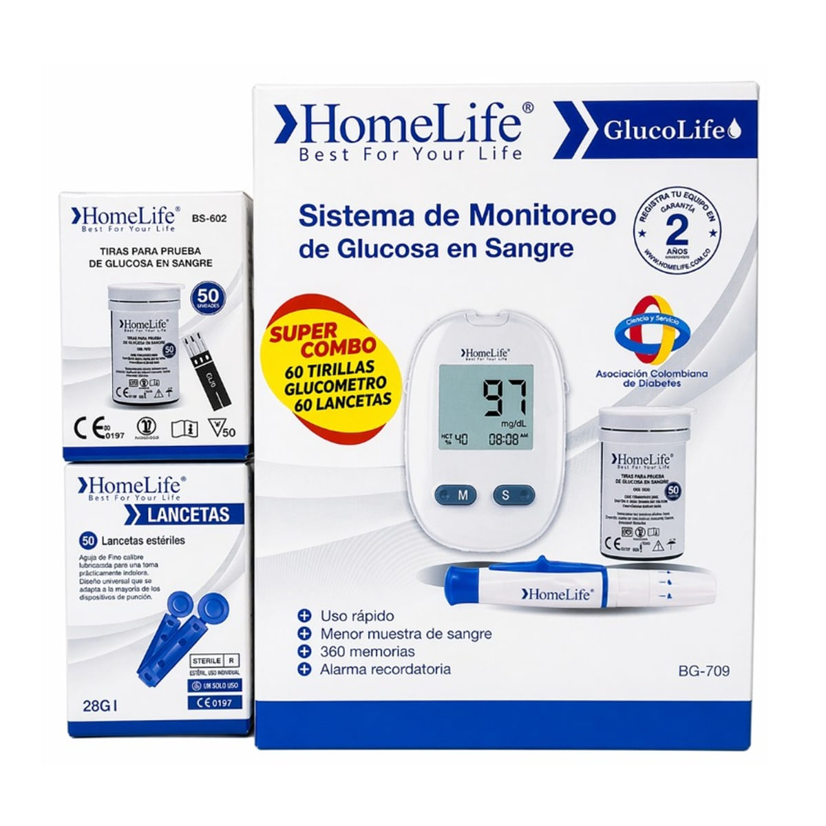 Glucometro Homelife Bg-709 + Tiras Reactivas Bs-602 X 50 Und + Lancetas 28 G I X 50 Und